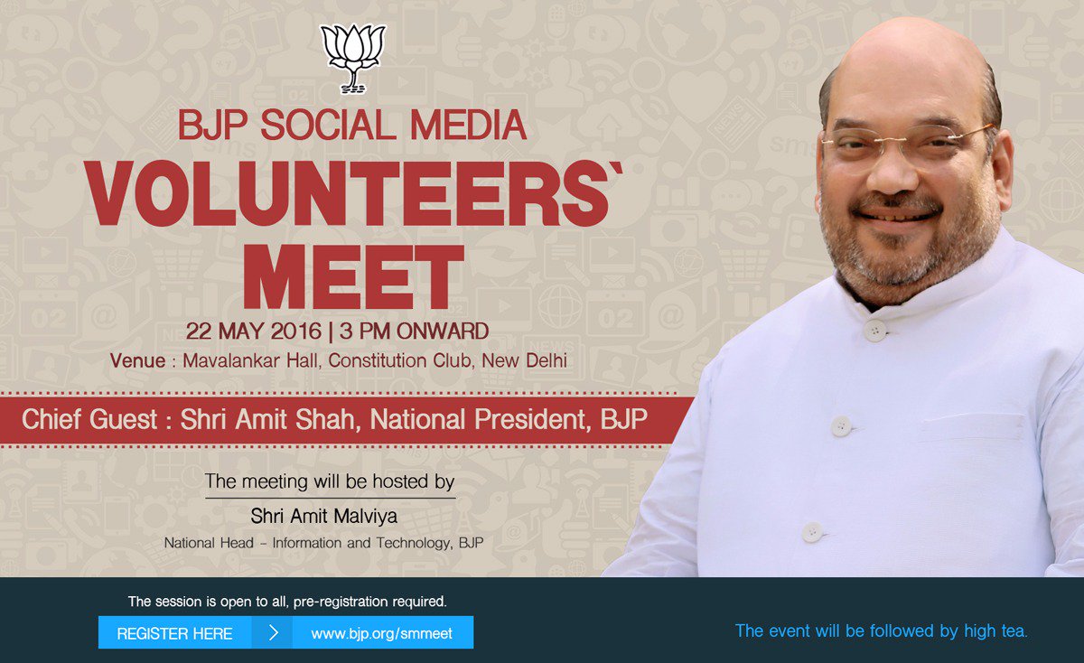 BJP4India's tweet image. BJP invites you to Social Media volunteers&apos; meet on 22 May 2016. Please register at bjp.org/smmeet.