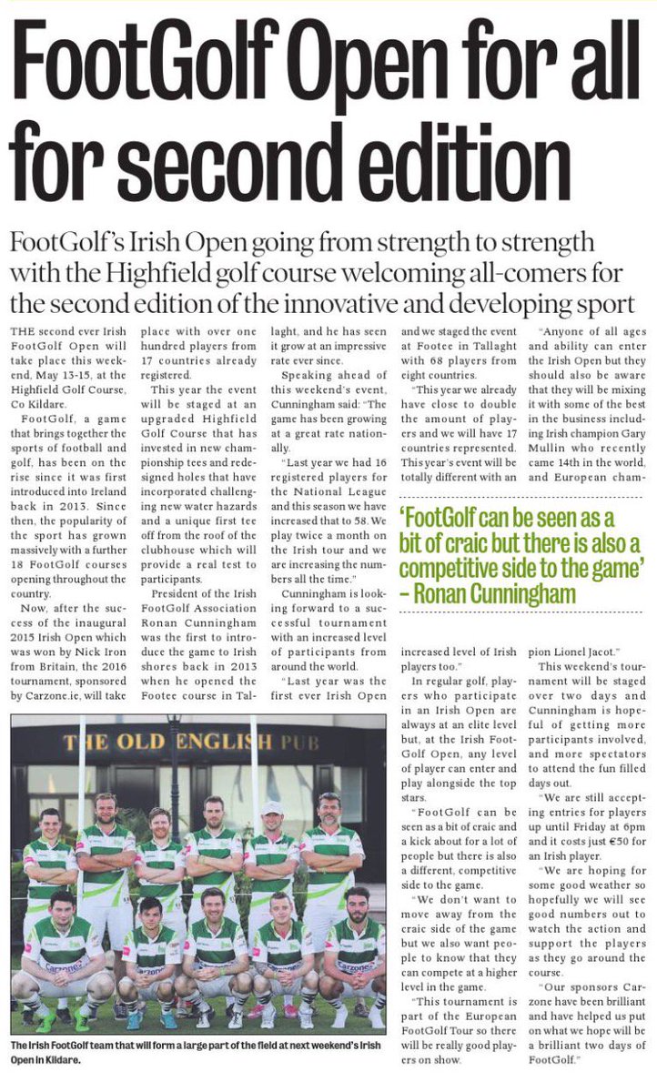 Thank you <a href="/DublinGazette/">Dublin Gazette Newspapers</a> for fantastic coverage of the <a href="/CarzoneIE/">Carzone</a> #footgolf Irish Open. It was an incredible comp!