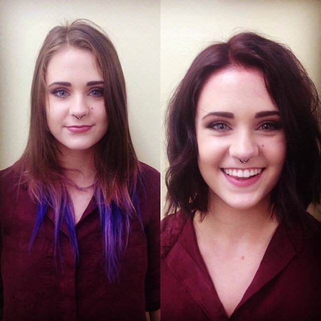 WellaEducation's tweet image. What a transformation! RT @ystrawberryhair: Before &amp;amp; after by Erin #razorbob #purplehairdontcare #wellahair
