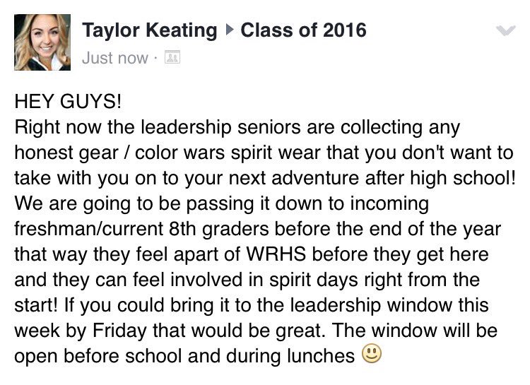 wrclassof2016's tweet photo. SENIORS bring in any hornet spirit wear you don't want to keep by this Friday 😀 https://t.co/eCRAeVLTeU