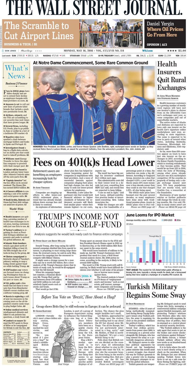 NotreDame's tweet photo. "At Notre Dame Commencement, Some Rare Common Ground" - @WSJ features #ND2016 on its front page https://t.co/S2nlVa3euk