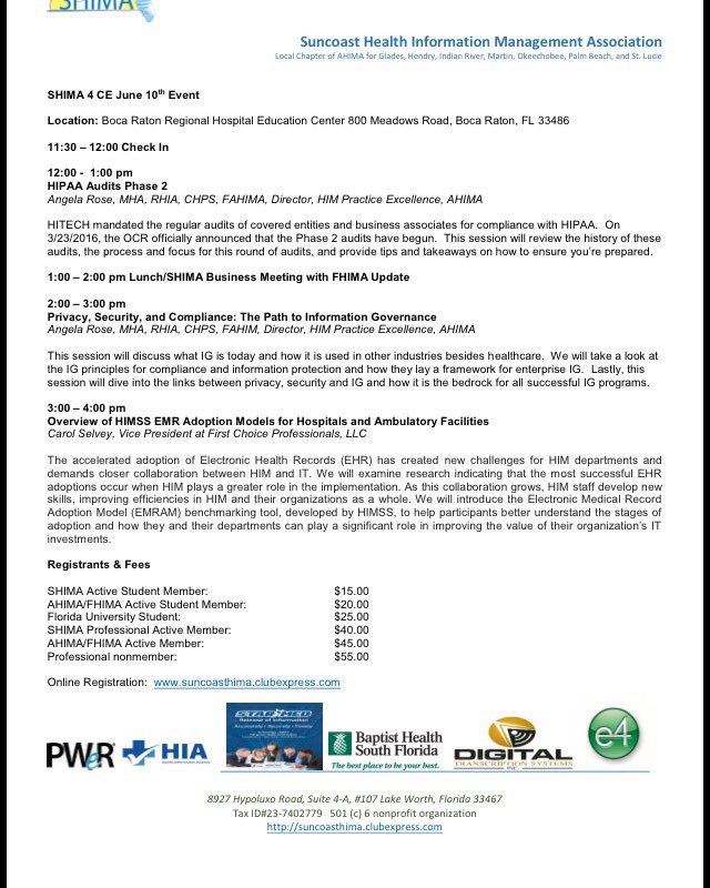 SuncoastHIMA_FL's tweet photo. Online registration is OPEN. #HIPAA #IG #HIMsource #security #compliance #EHR #HIMSS @ADRose1014 https://t.co/NhWT4ZP7mD