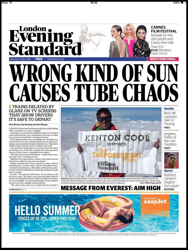 KentonCool's tweet photo. Front cover of the evening std tonight...dispossessed fund on top #everest2016 @SherpaEurope @bremont @Team_BMC https://t.co/i3cg0QjZJK