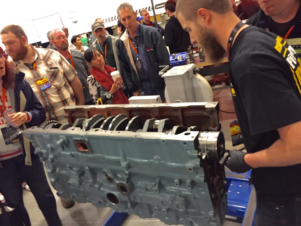maxheine's tweet photo. #pittsburgpower tech works on crankshaft at Kevin Rutherford's #CMC in Omaha https://t.co/95uPdENX92