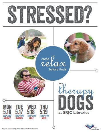 theoakleafnews's tweet image. This Monday through Thursday #SRJC Libraries will have therapy dogs to help students cope with the stress of finals.