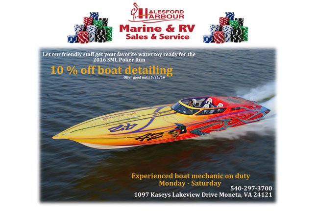 10% OFF BOAT DETAILING SERVICES! This week only, in time for the SML Poker Run. #SML #smlba 540-297-3700