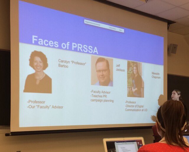 BlueHenKara's tweet photo. Hey I know them! #UDComm318 very own @CaroBar2 &amp; @MediaMeredith make an appearance in @PRSSA_UD #transitionmeeting https://t.co/Dv7Ius2zeX