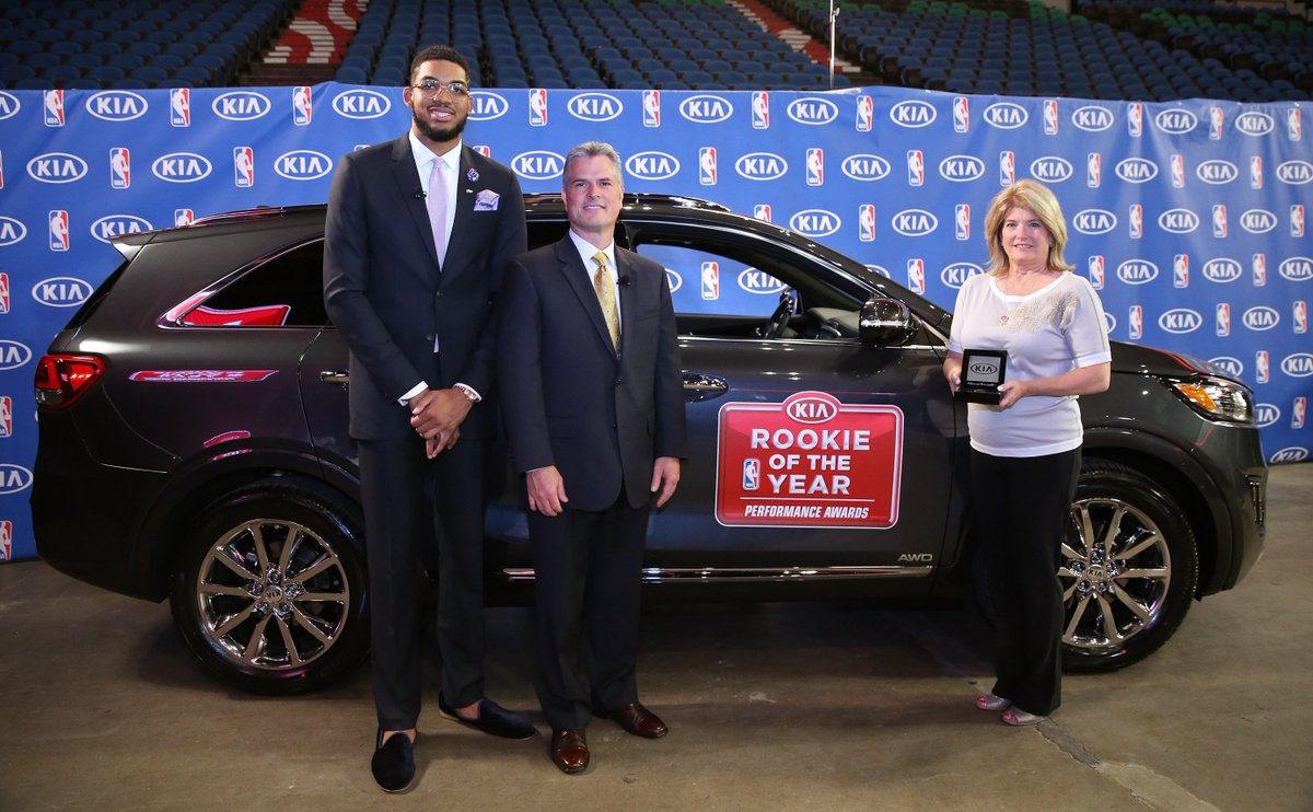 NBA's tweet photo. #KiaROY @KarlTowns donated @Kia Sorento to Minnesota Leukemia Lymphoma Society in honor of late Flip Saunders 👏 https://t.co/GWQVPhRMJL
