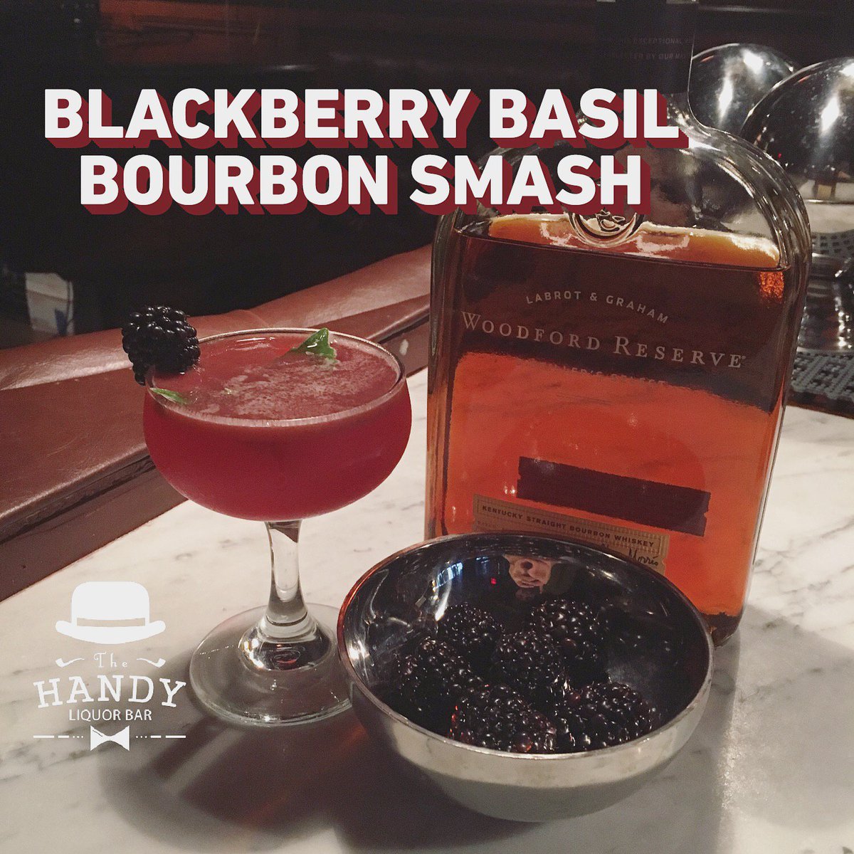 Blackberry basil bournon smash at @thehandybar made with bourbon, honey, lemon, muddled blackberry and basil