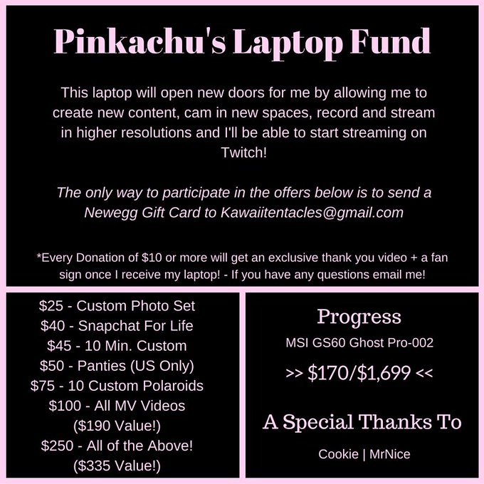 #RT  Help @PinkachuMFCs get a new laptop!  Email: kawaiitentacles@gmail.com Gift card link: https://t<a href="/tag/rt"class="tags">#RT</a><a class="tags" target="_blank" title="On Twitter" href="/?out=eyJ0eXAiOiJKV1QiLCJhbGciOiJIUzUxMiJ9.eyJpYXQiOjE3MjU4NTMxMjYsImlzcyI6InR3cG9ybnN0YXJzLmNvbSIsIm5iZiI6MTcyNTg1MzEyNiwiZXhwIjoxNzU3Mzg5MTI2LCJyZWRpcmVjdF91cmwiOiJodHRwczovL3R3aXR0ZXIuY29tL1BpbmthY2h1TUZDcyJ9.E3KgrIA96EpOrALVEyGVu4f7xfzE7j4bfbwB-w-aq3lJ0z0TJ3bRjLQAN4uxmbCYPoqWZHc3frFIjYV8dosiow">@PinkachuMFCs</a>