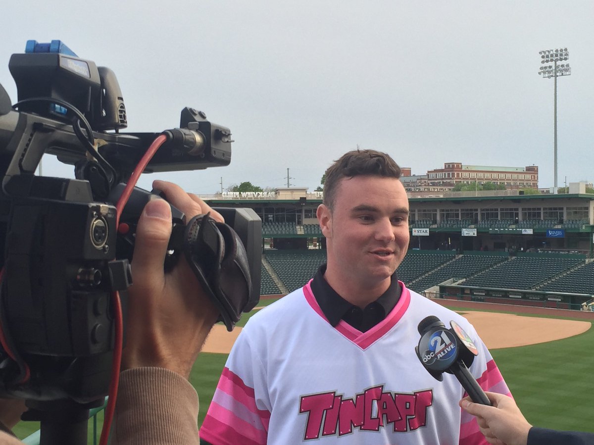 TinCaps's tweet image. Logan Allen (@SD_Southpaw) on @21AliveSoundOff discussing Thursday&apos;s #TurnTheParkPink game for the #vbfoundation.