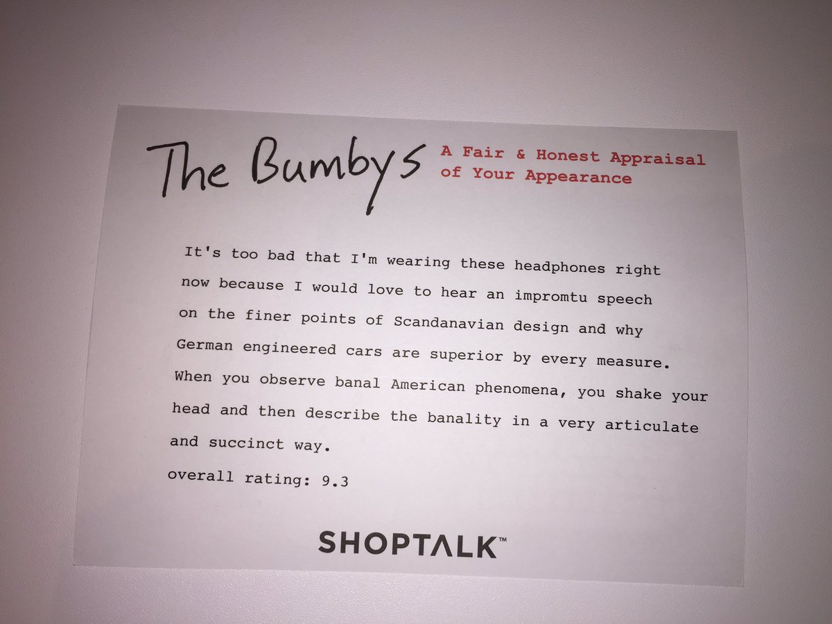 dirkhoerig's tweet photo. Just got my appraisal from @TheBumbys at #Shoptalk16 #howcouldtheyknow #fun https://t.co/VZLJZQ2bCA