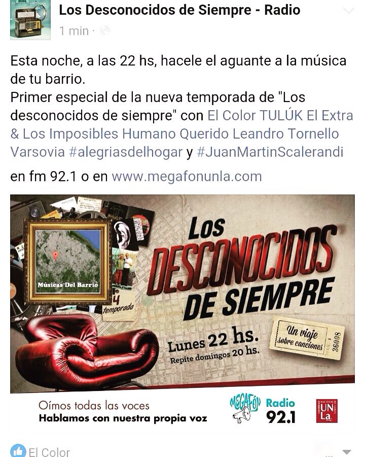 ElColorOk's tweet photo. ¡Escuchanos en @RadioUnla! #Vamossss #ElColor @LeanTornello https://t.co/3tHJhWapWs
