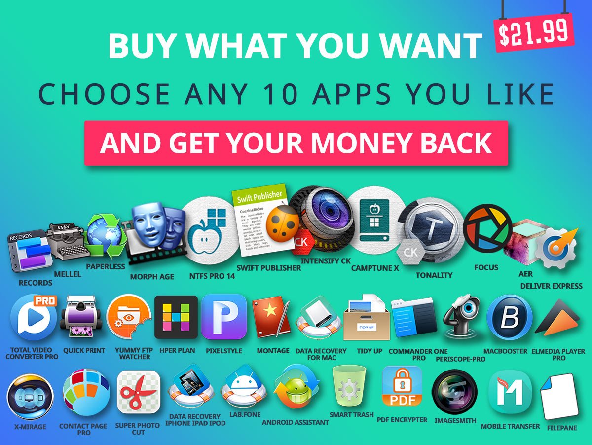 devsnippets's tweet image. Never get stuck with apps you’ll never use: Choose any 10 Mac apps for 1 low price: $21.99 bundlehunt.com