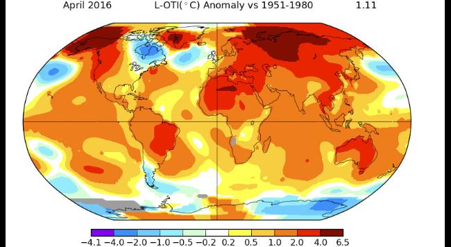 CO2_earth's tweet photo. April 2016 global temperature hits 1.1 degrees C above the 1951-1980 average | NASA Data | https://t.co/27XBUn1wep https://t.co/hFkUEeWEYa