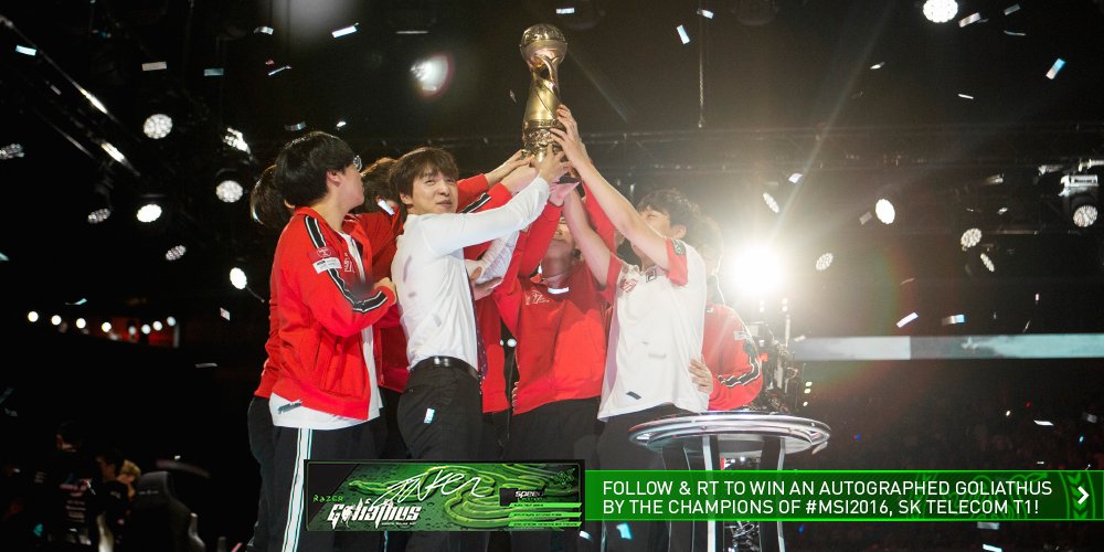 TeamRazer's tweet image. Follow and RT to win an autographed Goliathus by #MSI2016 Champions, #TeamRazer's SK Telecom T1! GG WP!