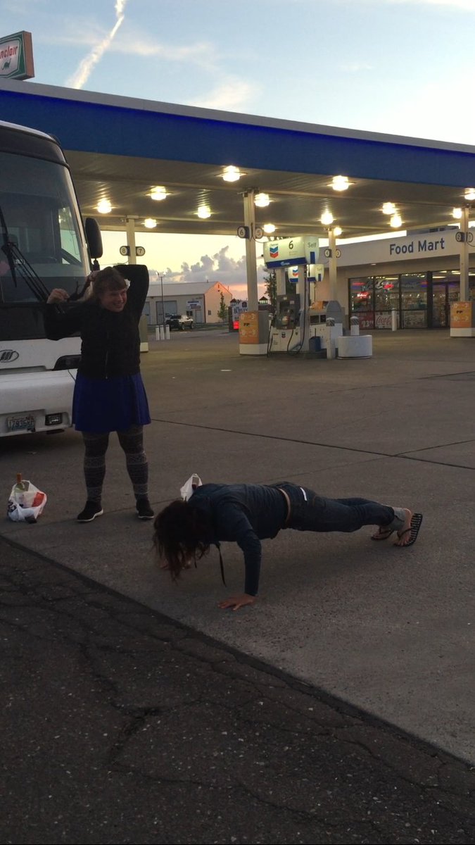 StartupBusVan's tweet photo. Two days on @TheStartupBus? No problem! #gasstationworkout #vanftw #workhardplayhard https://t.co/EmamOKk4Pg
