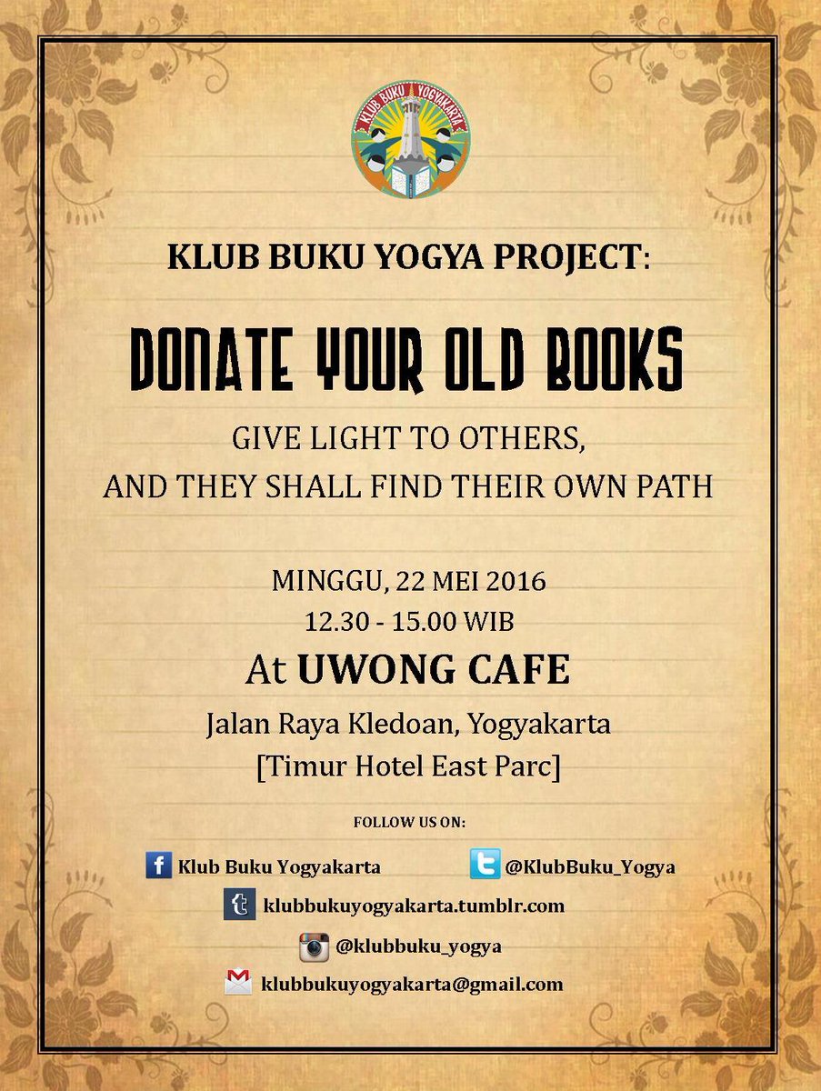 KlubBuku_Yogya's tweet photo. Sahabat @KlubBuku_Yogya bisa membawa buku layak baca ke Uwong Cafe tanggal 22 Mei 2016, bertepatan dengan #BBK. https://t.co/oeTG68HoNS