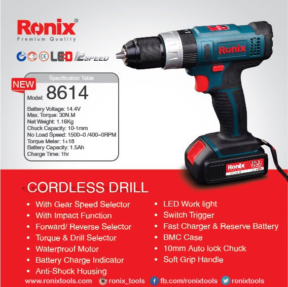 ronixtools's tweet image. CORDLESS DRILL 14V LI-ION – 8614
#ConstructingTools #ToolBag #SocketFusion #GardenTools
ronixtools.com/product/cordle…