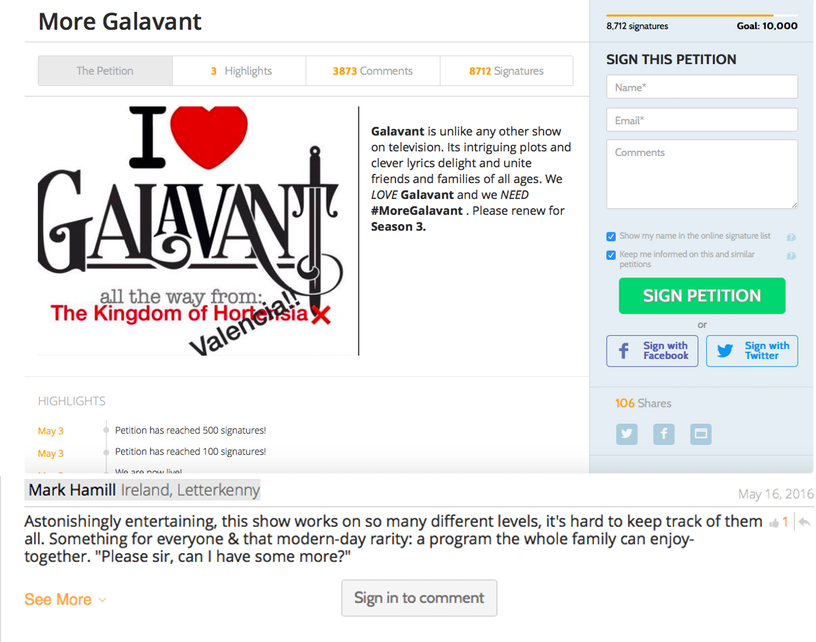 KarenDavid's tweet photo. Thank you, @HamillHimself for taking the time to sign the fans' #MoreGalavant petition! You rock! @hulu https://t.co/7GN4QFo2Q7