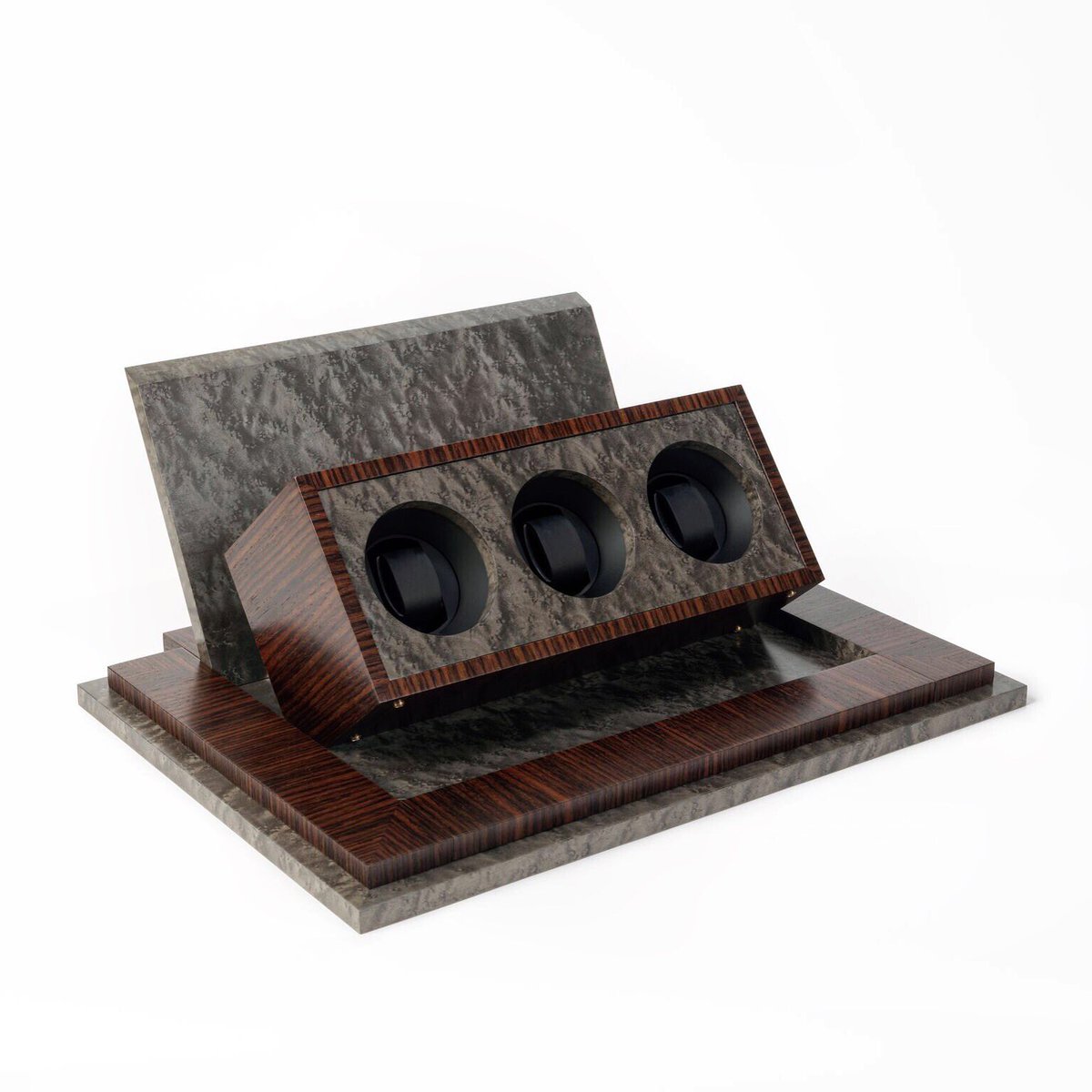 LittleHalstock's tweet photo. Our safe watch winder with programable swiss mechanisms.  Rosewood and Birdseye maple. #watchbox https://t.co/tC67e5Ksmd