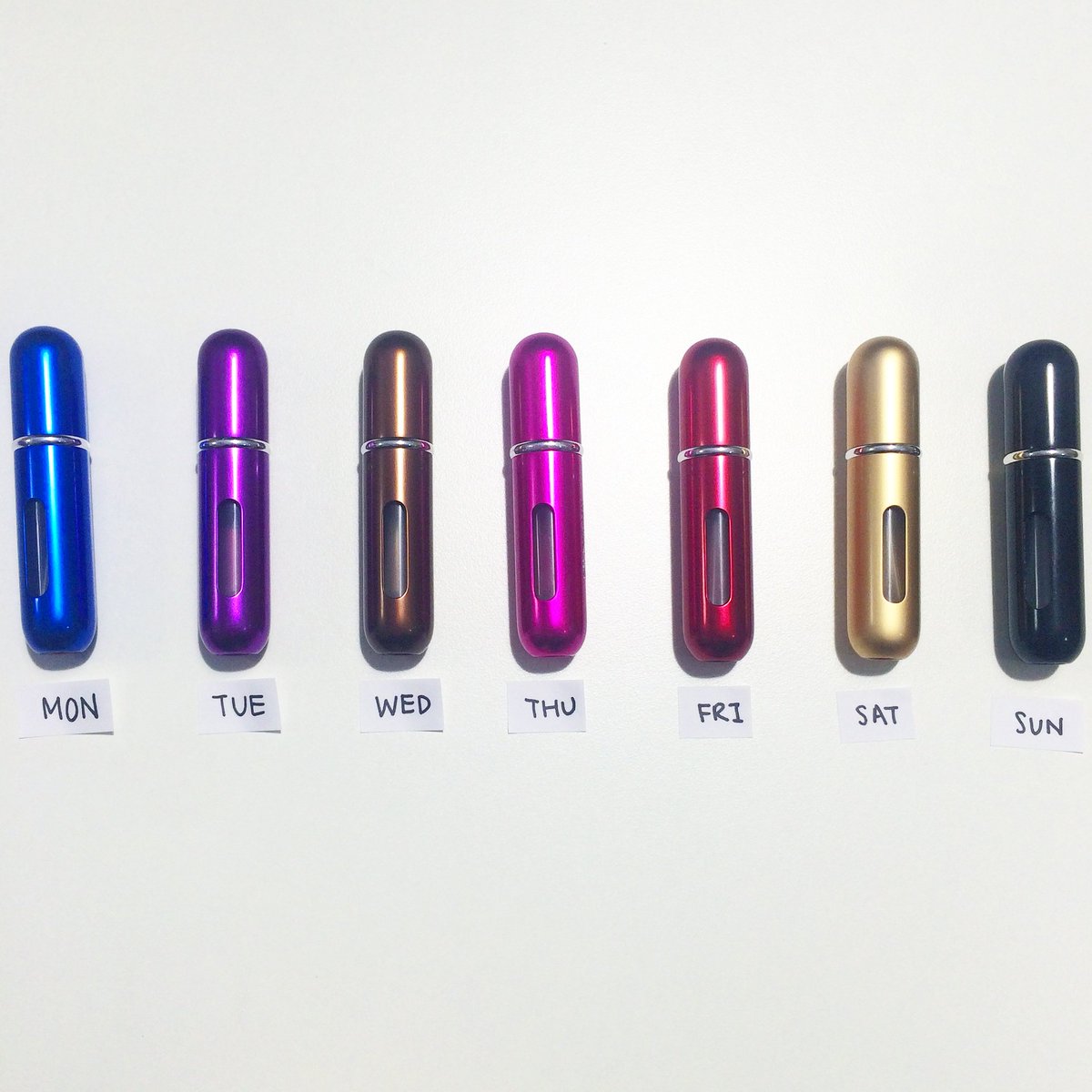 Travalo's tweet photo. One for each day of the week! Match your outfit and style with your favourite fragrance 😊 #Travalo #ClassicHD https://t.co/7AB1XF3QIL