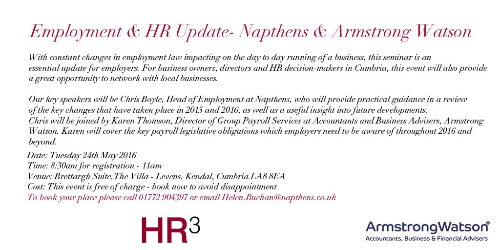 Have you booked on our <a href="/NapthensHR3/">HR3 by Napthens</a> #Employment seminar in #Kendal yet? Last few places remain...