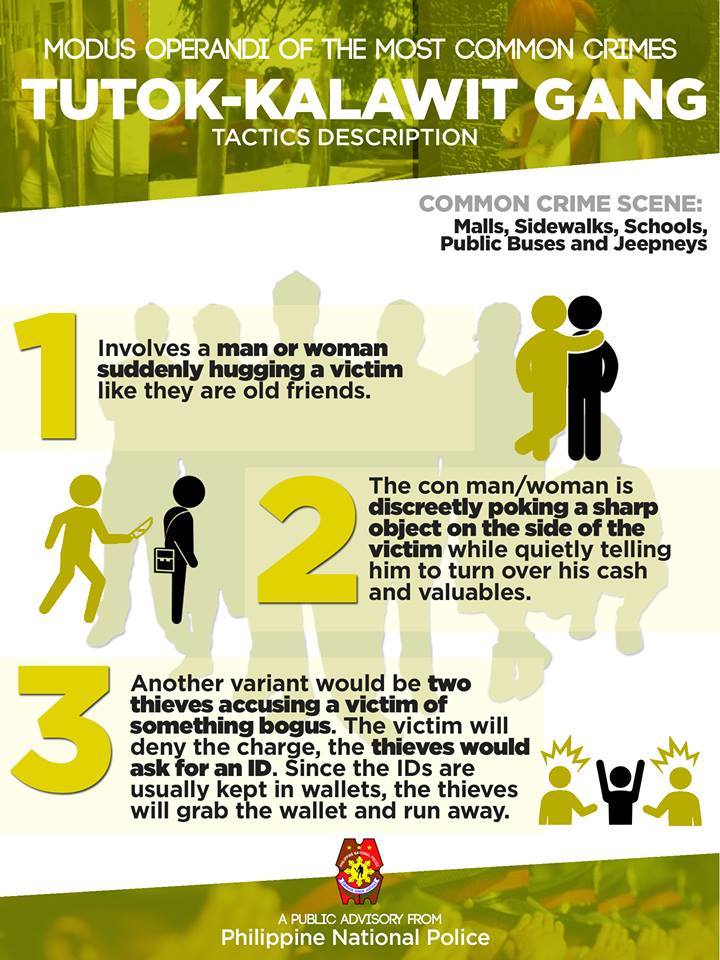 Maging listo
Iwasan ang madilim at di mataong lugar
Mga dapat malaman laban sa tutok-kalawit gang