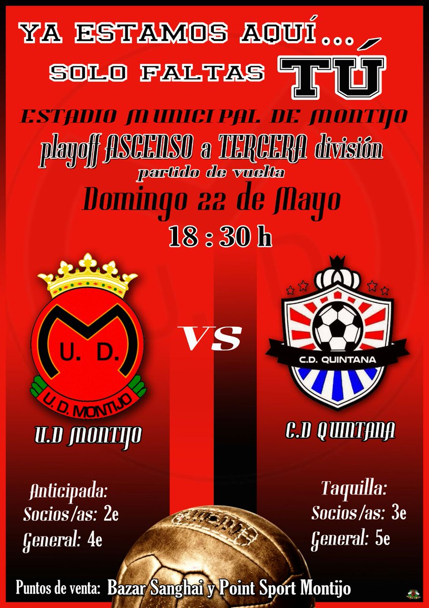 UDMONTIJO's tweet photo. ASCENSO A TERCERA DIVISIÓN!
VUELTA 1a. ELIMINATORIA.
UDM vs @CDQuintana2014 
Todos al Municipal!!
Vamos rojinegros!! https://t.co/pYQbozWFL4