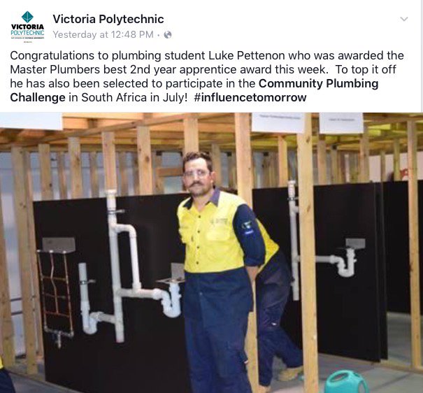Well done <a href="/lukepettenon/">Luke</a> #plumbing #apprenticeships vu.edu.au/courses/certif…