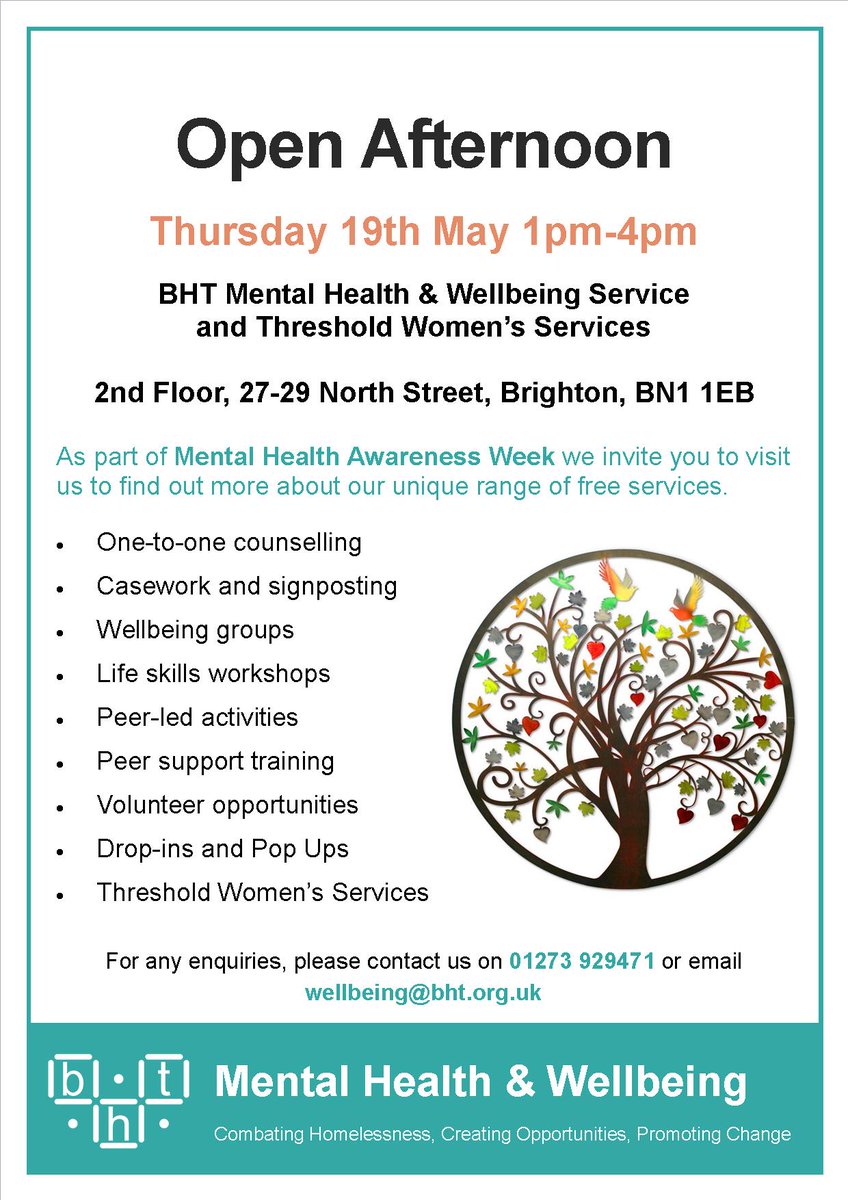 bht_wellbeing's tweet photo. Come to our open day on Thursday to find out how we help people improve their mental health &amp; wellbeing #MHAW16 https://t.co/LRLNOjzEvm