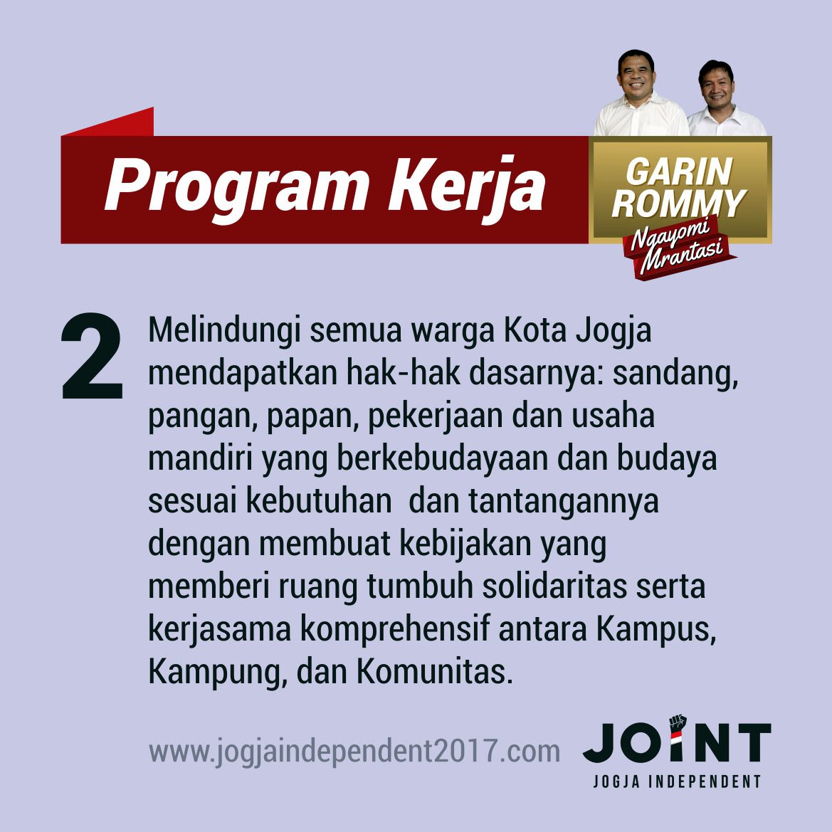 2/9

Tentang hak-hak dasar warga Jogja.

#ProgramGarinRommy