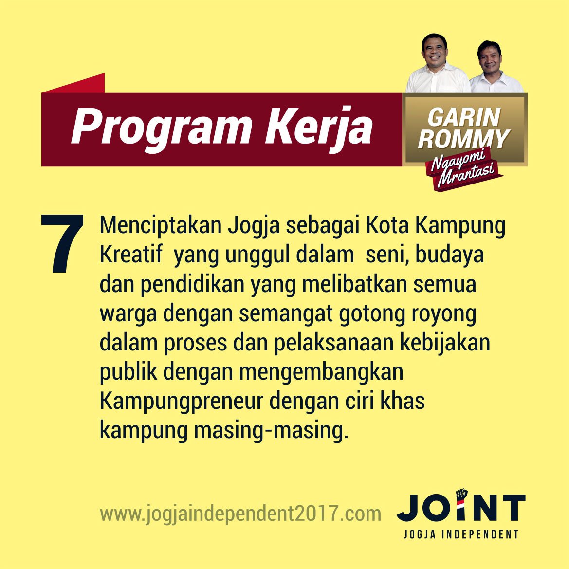 7/9

Tentang Jogja sebagai Kota Kampung Kreatif.

#ProgramGarinRommy