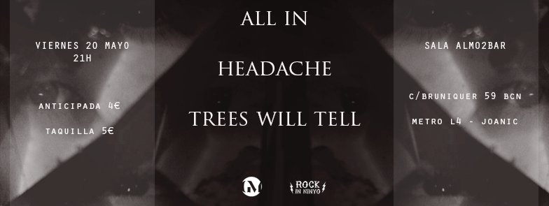 GoodMannersProd's tweet photo. Este viernes 20/5 en @Almo2bar:
@allinbcnband  + @HeadacheBanda + @treeswilltell
https://t.co/LiKcez4G6E https://t.co/Xv3V4gtDs8
