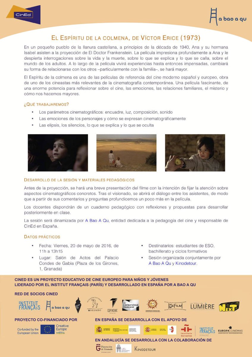 kinodetour's tweet photo. #JornadasCinED Viernes 20 El espíritu de la colmena @pal_condesgabia dirigido alumnos ESO, Bachillerato y Ciclos F https://t.co/3UAwBbeJnI