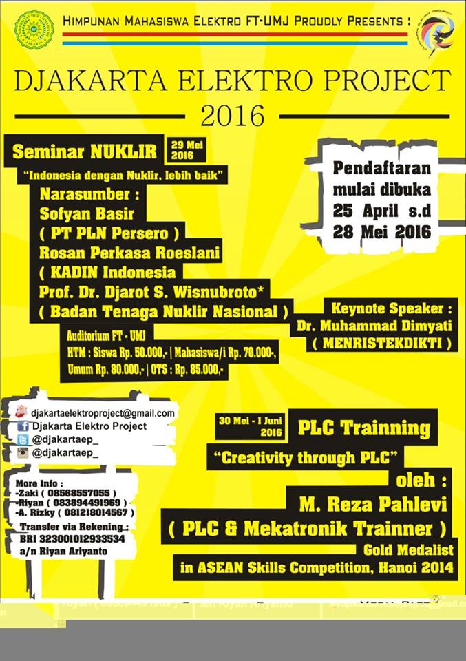 "DJAKARTA ELEKTRO PROJECT 2016"
Seminar Nuklir &amp; Pelatihan PLC