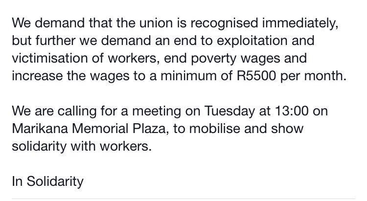 UCT_PMF's tweet photo. Statement from LSF regarding the occupation #OccupyQuencha #BoycottBigChef #EndWorkerExploitation https://t.co/eUK4etz6op