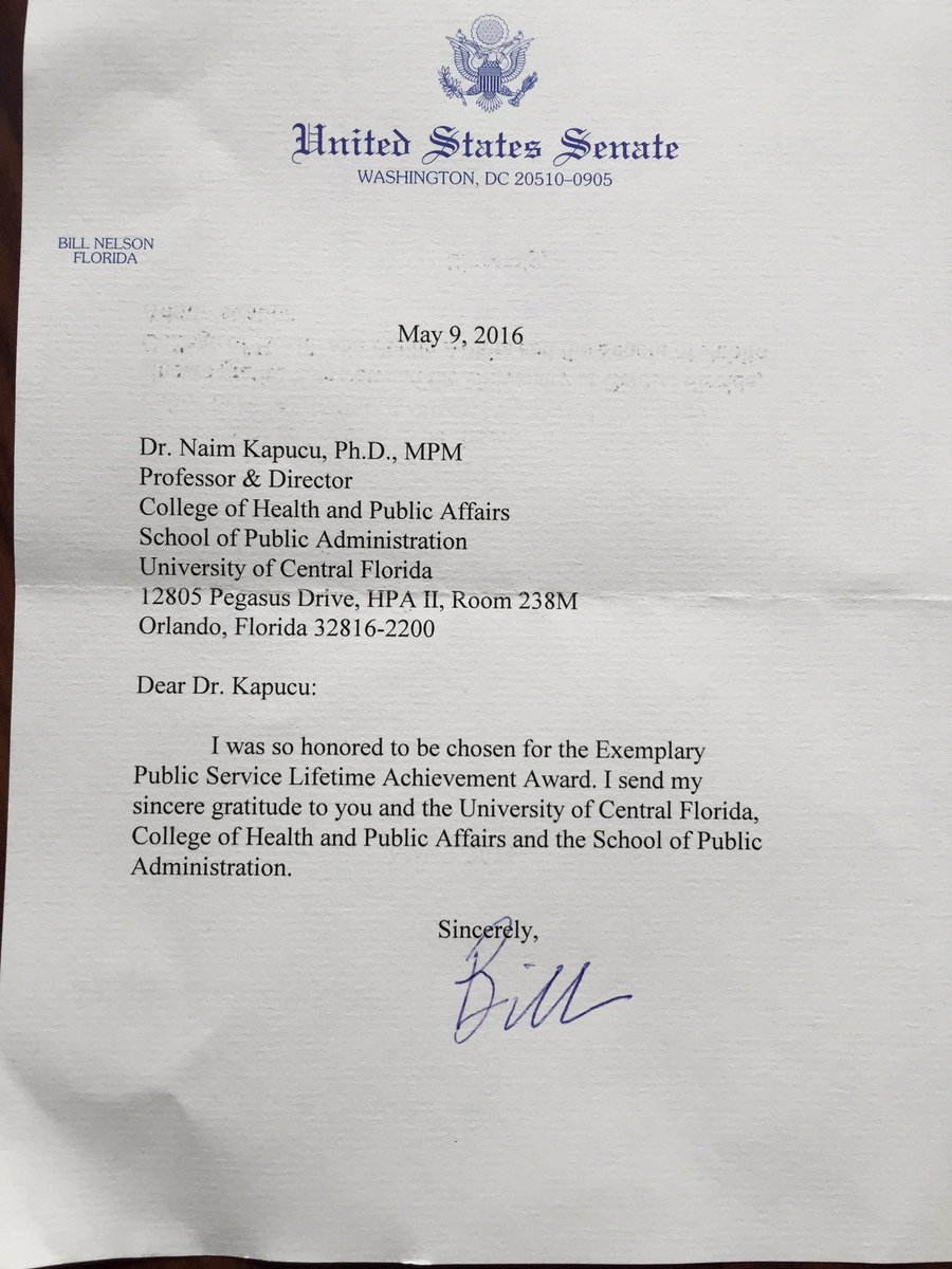nkapucu's tweet photo. Letter from senator Nelson @spaucf @UCF @ucfcohpa @naspaa @ASPANational #pscw #publicservice https://t.co/AP8O00QhHo