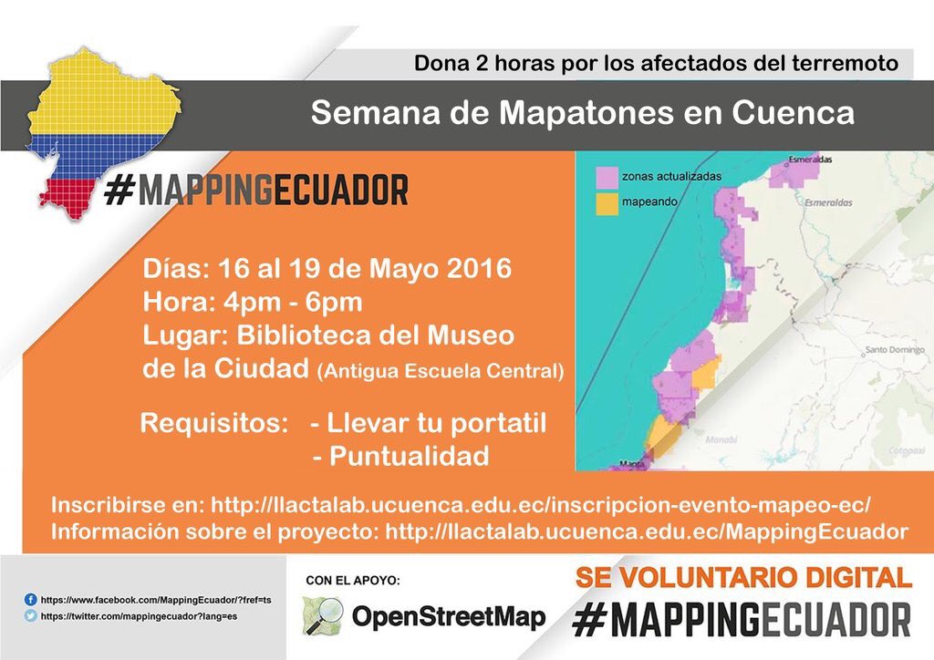 mappingecuador's tweet photo. ¿Estás en #Cuenca y quieres ser voluntario digital de #MappingEcuador ? Ven al #mapaton hoy 4pm #OSM #Ayudaec #mapas https://t.co/0Sdo1vPg6D