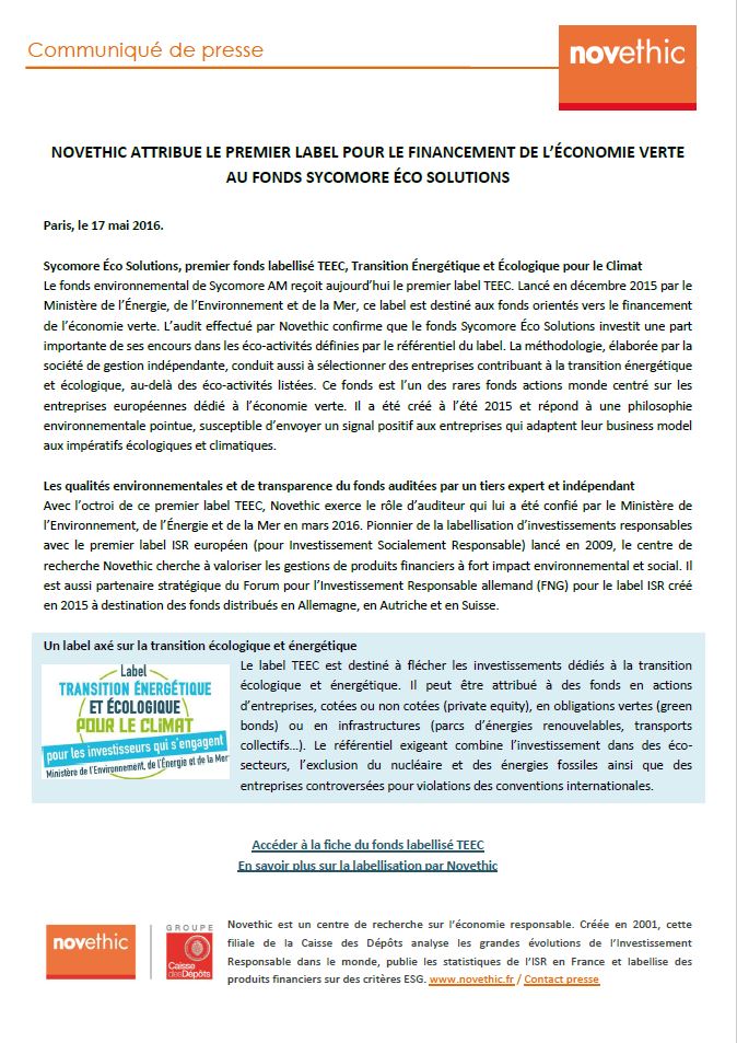 Sycomore Eco Solutions : 1er fonds à recevoir le #Label TEEC, attribué par  <a href="/Novethic/">Novethic</a> #sri #esg <a href="/SycomoreAM/">Sycomore AM</a>