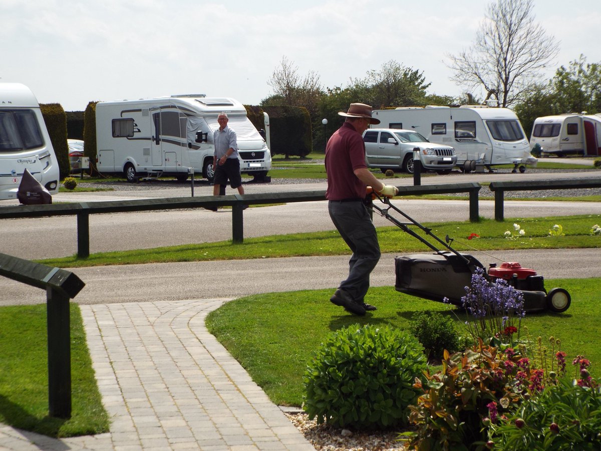 CherryTreeSite's tweet image. This is what Kevins up to today - ideal weather for mowing.
Shrubs are about to flower and the wall baskets well...