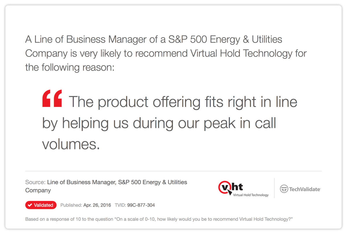 TechValidate's tweet photo. RT @VirtualHold: Alleviate peak #callvolumes with @VirtualHold https://t.co/5lx7iQHxds #cctr #contactcenterhelp #cx https://t.co/rCw02KEeKj