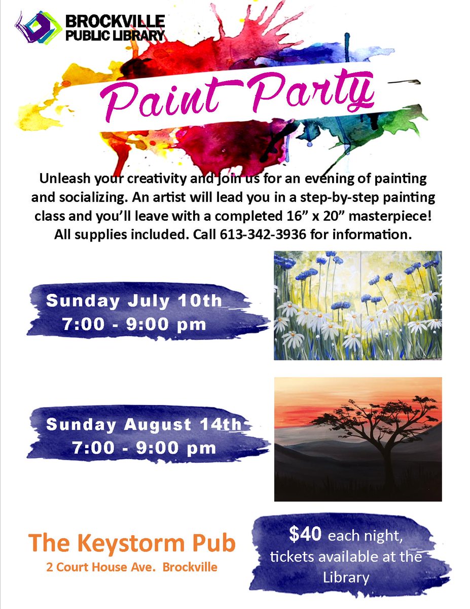 BrockvillePL's tweet photo. Two more #PaintPartyFundraisers coming up this summer at the #KeystormPub! Tickets on sale here! $40 each. https://t.co/CD2wTlTLbN