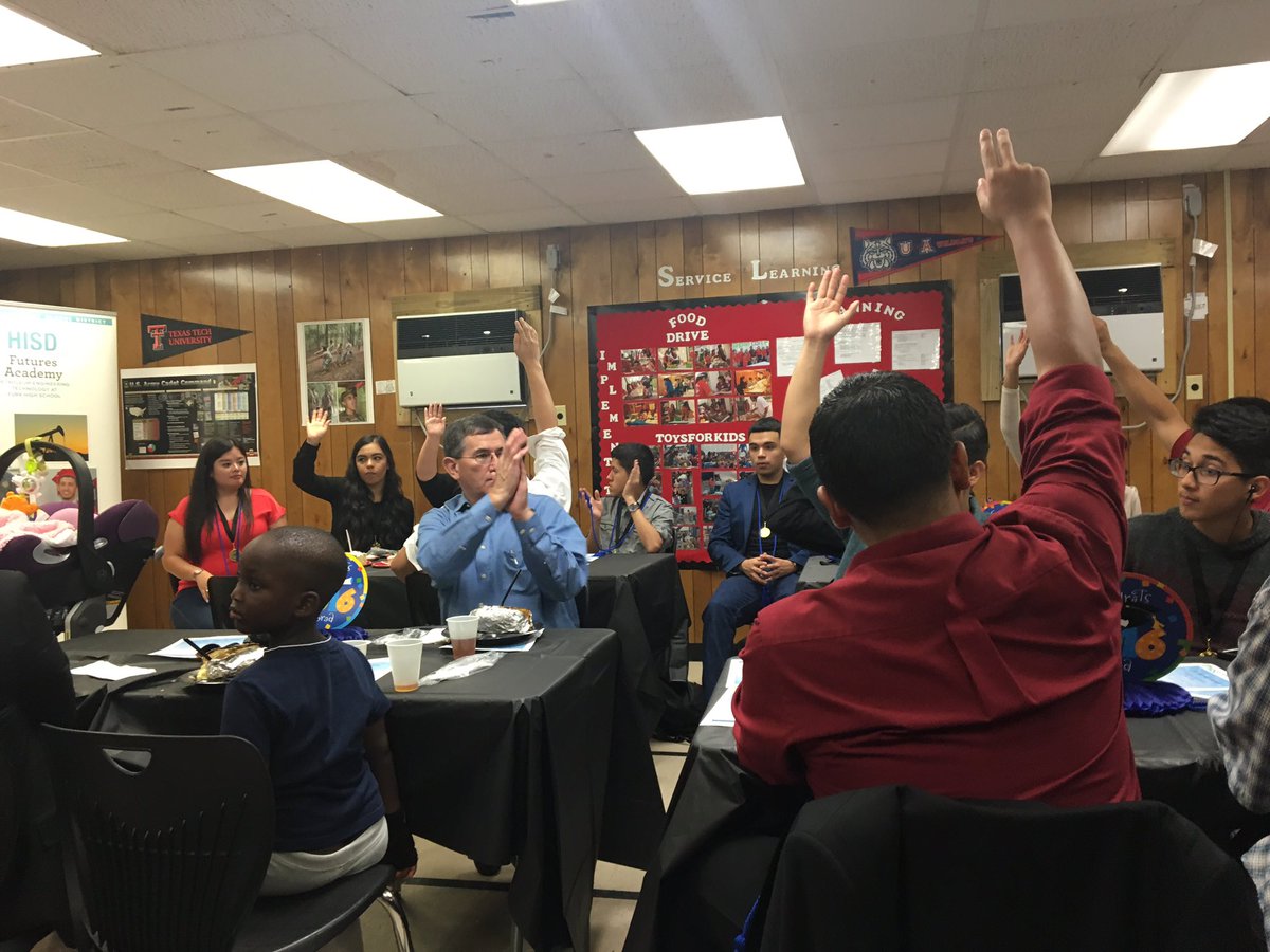 FurrHS's tweet photo. @Houstonisd Dino Coronado asks, "Who are the first in their family to receive college credit?" @HISDFutures https://t.co/CxsnvssbcR