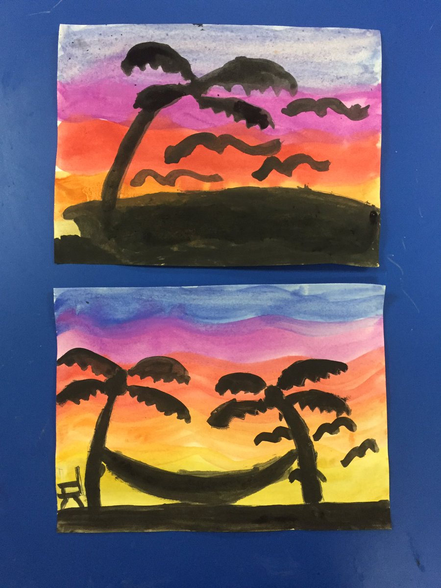 VHEWArt's tweet photo. Wish you were here? 1st grade Ss finish the year by learning about gradients, sunsets and silhouettes. @VHEWK3 https://t.co/FojJWU0RZr