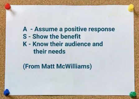 BookMentorJudyB's tweet image. Assume a positive response. Show the benefit. Know their audience and needs. #booktocourse summit  #teachable.