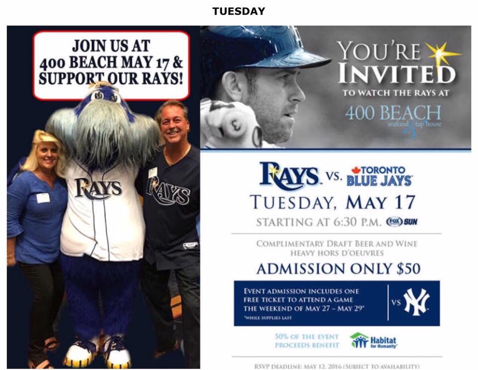 Join us tonight to support the Rays Baseball and Habitat for Humanity #RaysBaseball #HabitatforHumanity <a href="/400Beach/">400 Beach Seafood</a>