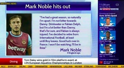 Nowfootball's tweet photo. West Ham player Mark Noble's reaction to the England squad announcement. https://t.co/ZXOlMTeJm2