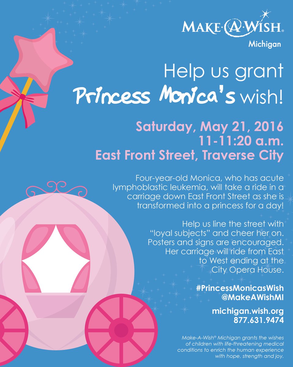 Help grant #PrincessMonicasWish on 5/21 in #TraverseCity! Line E. Front St. from 11-11:20am <a href="/CityofTC/">Traverse City, MI</a> <a href="/upnorthlive/">UpNorthLive News</a>