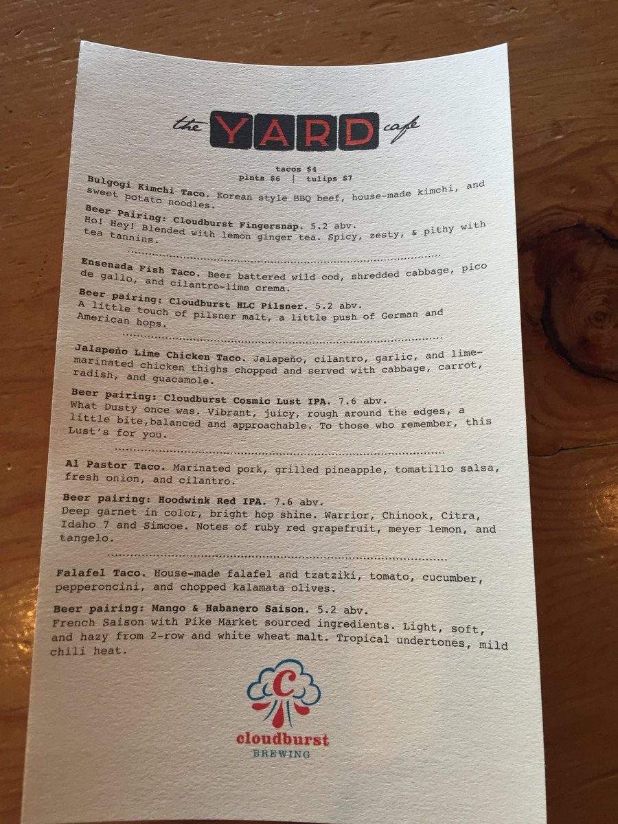 theyardcafe's tweet photo. Taco Tuesday @theyardcafe. Five new taco recipes paired w/5 different @Cloudburst_Brew beers. 4-6 today. #SBW2016 https://t.co/lmBIrrGvjP